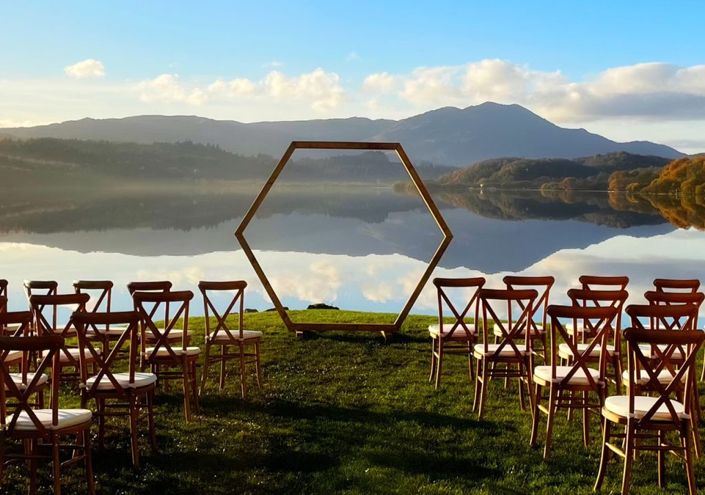 A wedding set up by the lochside at Venachar Lochside