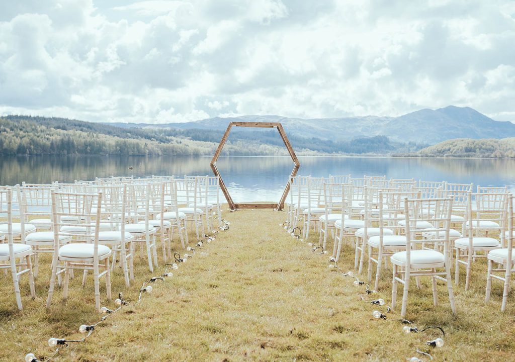 A wedding set up on the lochside at Venachar Lochside