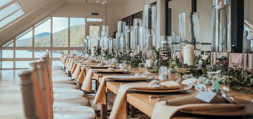 A table set up for wedding dining at Loch Venechar