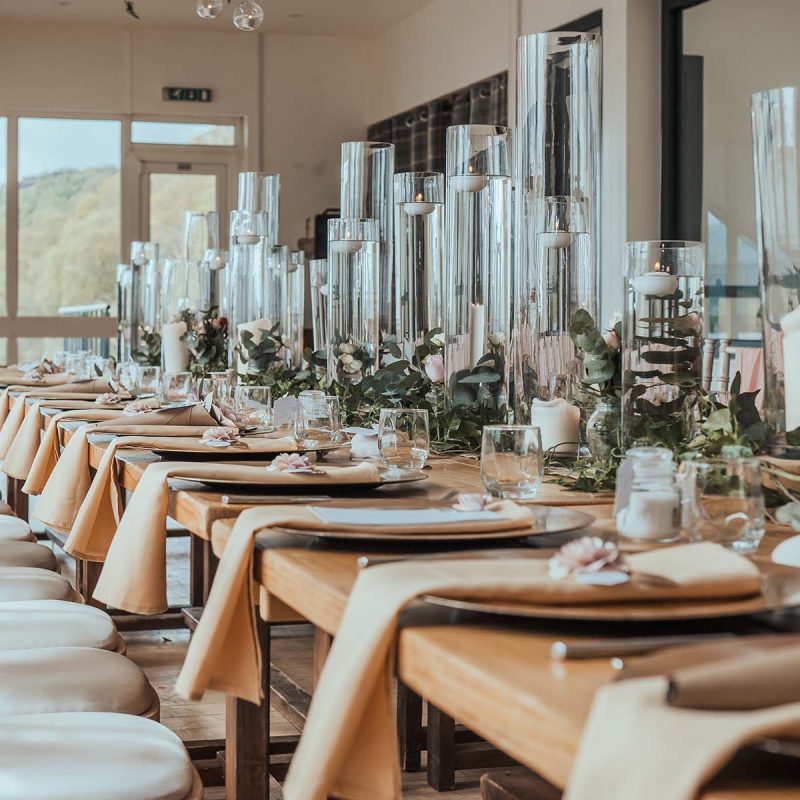 A table set up for wedding dining at Loch Venechar
