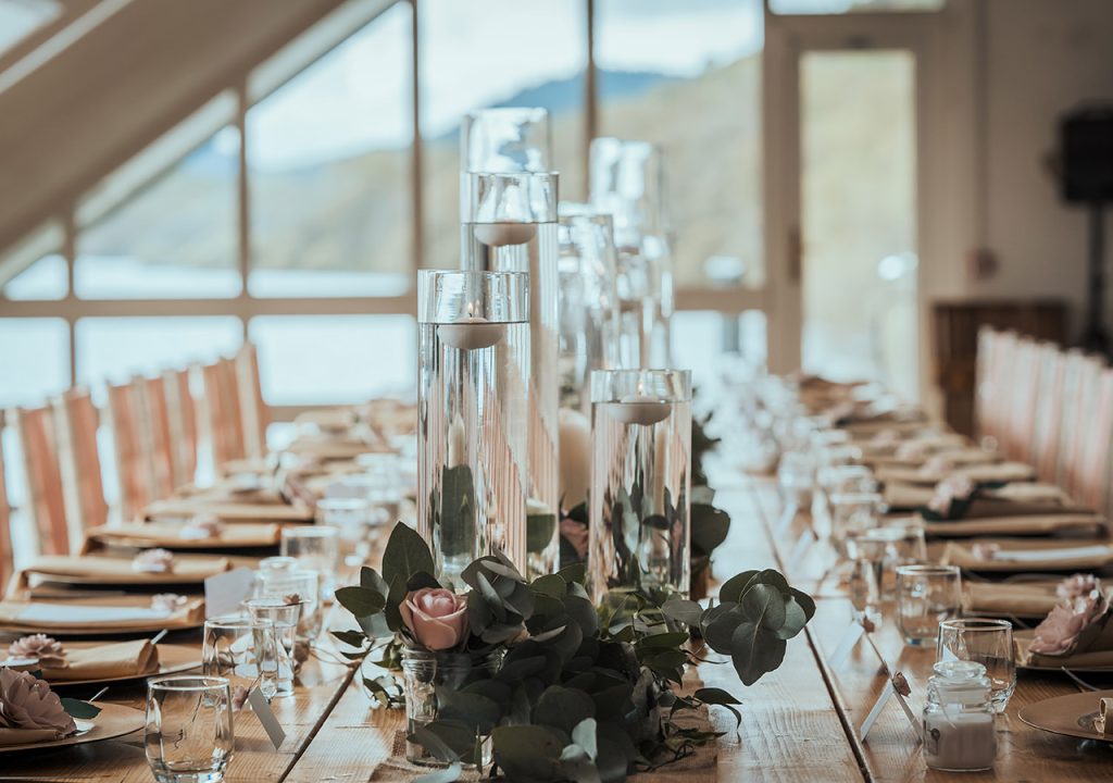 A table set up for a wedding at Venachar Lochside