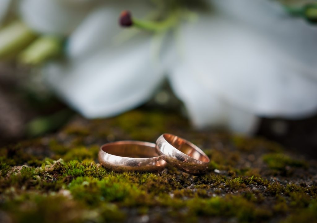 two gold rings lying on a stone