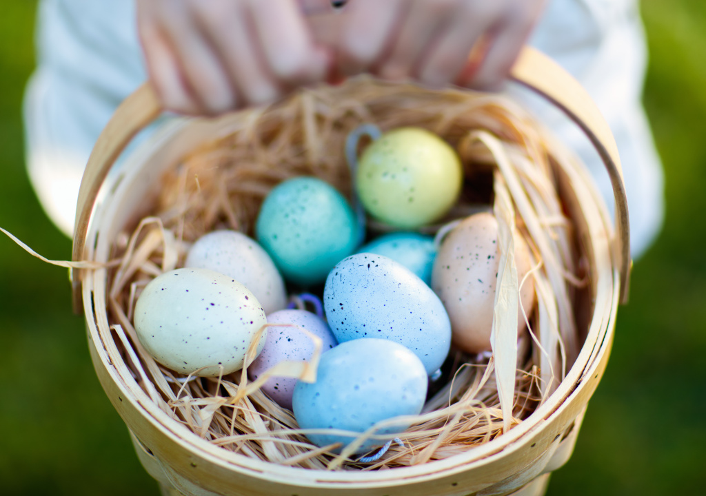 Colourful Easter eggs in a basket
