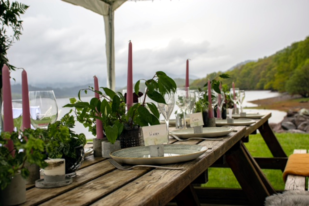 Table set up outside at Venachar Lochside