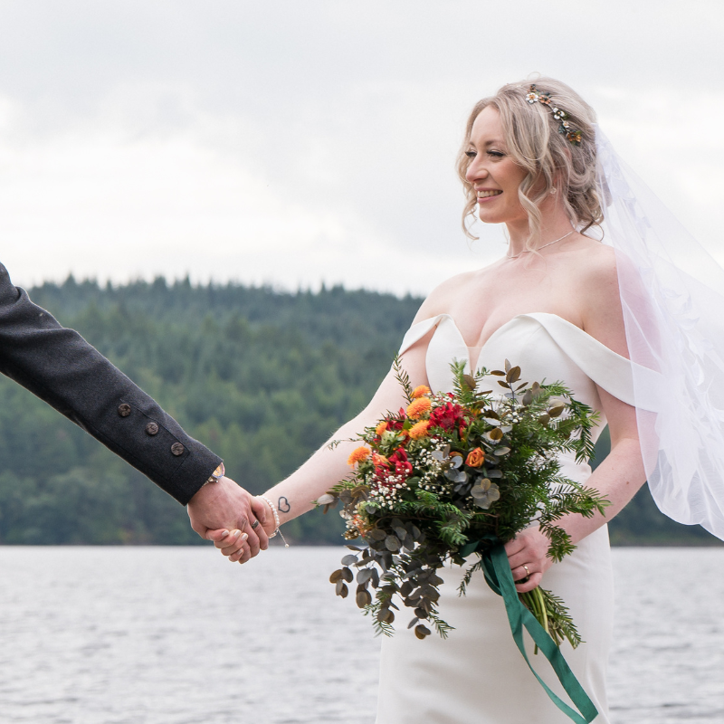 Couple on the banks of Loch Venachar winter wedding